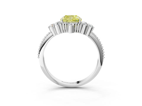 White gold Fancy Yellow Cushion Cut Brilliant Diamond with Cluster Setting on a Beaded Band and Four-Prong Setting_27