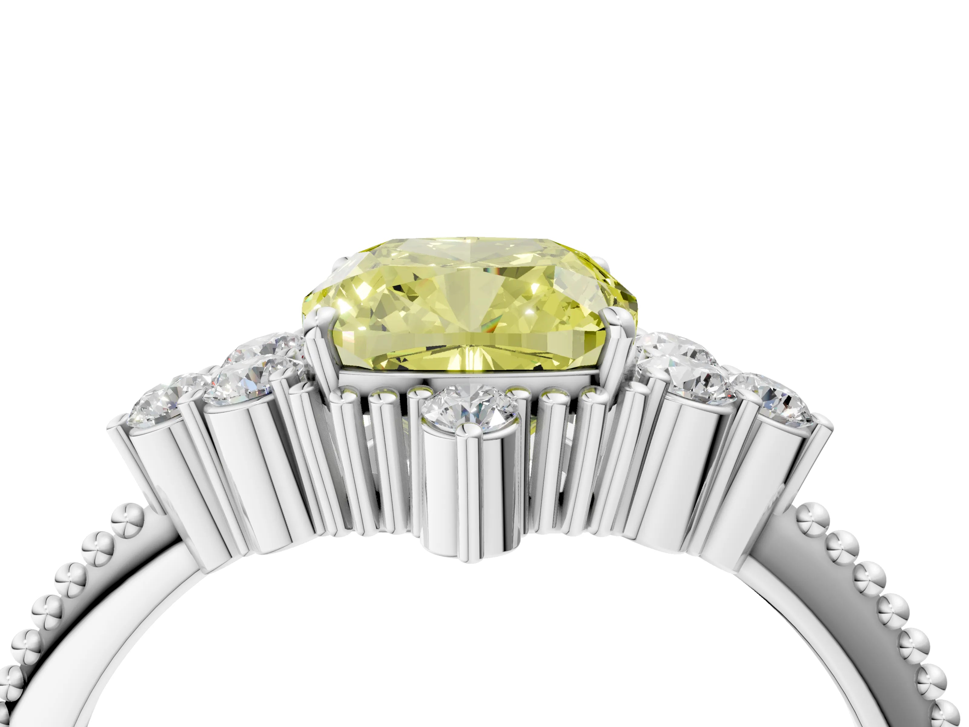 White gold Fancy Yellow Cushion Cut Brilliant Diamond with Cluster Setting on a Beaded Band and Four-Prong Setting_28