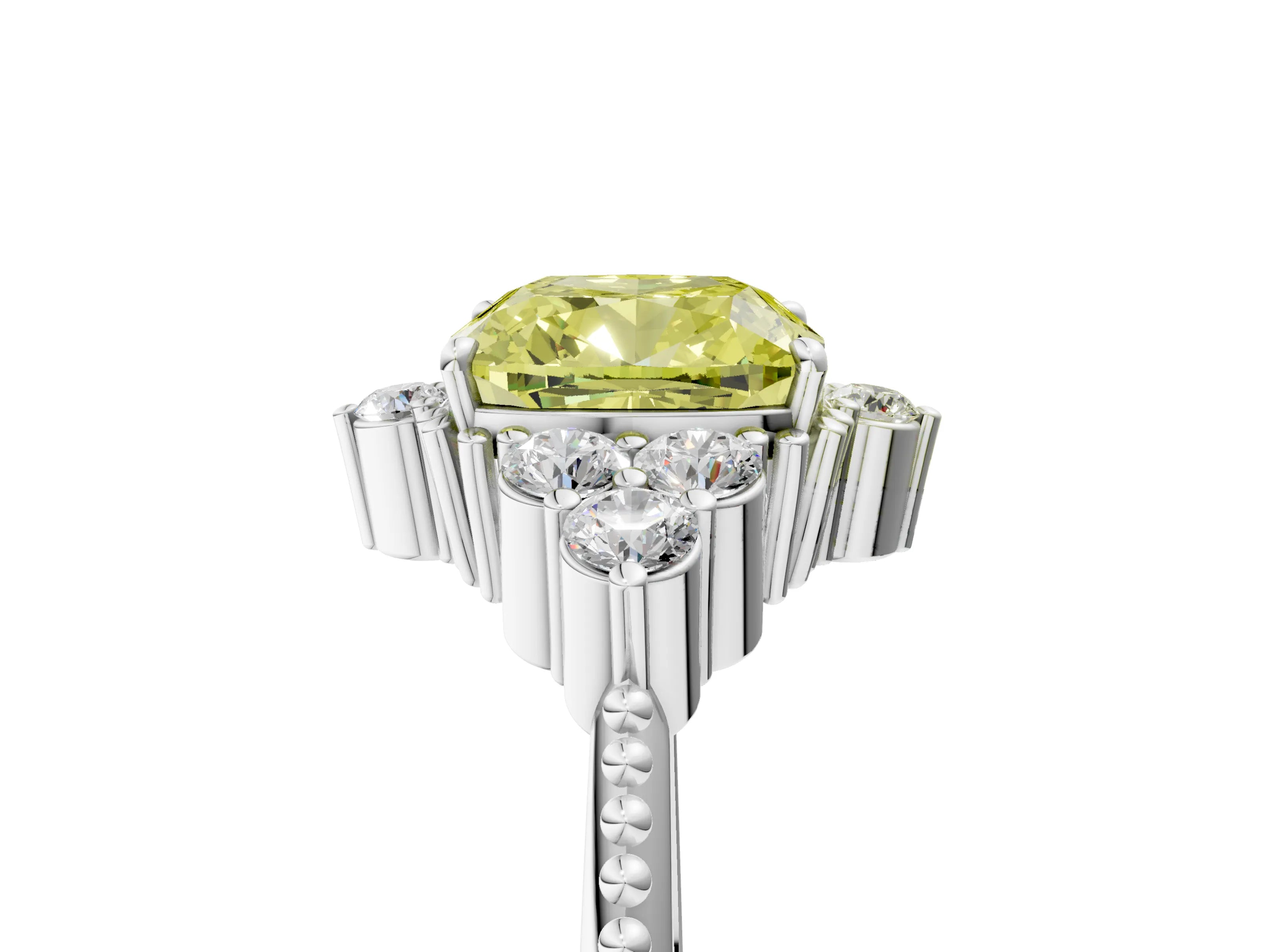 White gold Fancy Yellow Cushion Cut Brilliant Diamond with Cluster Setting on a Beaded Band and Four-Prong Setting_29