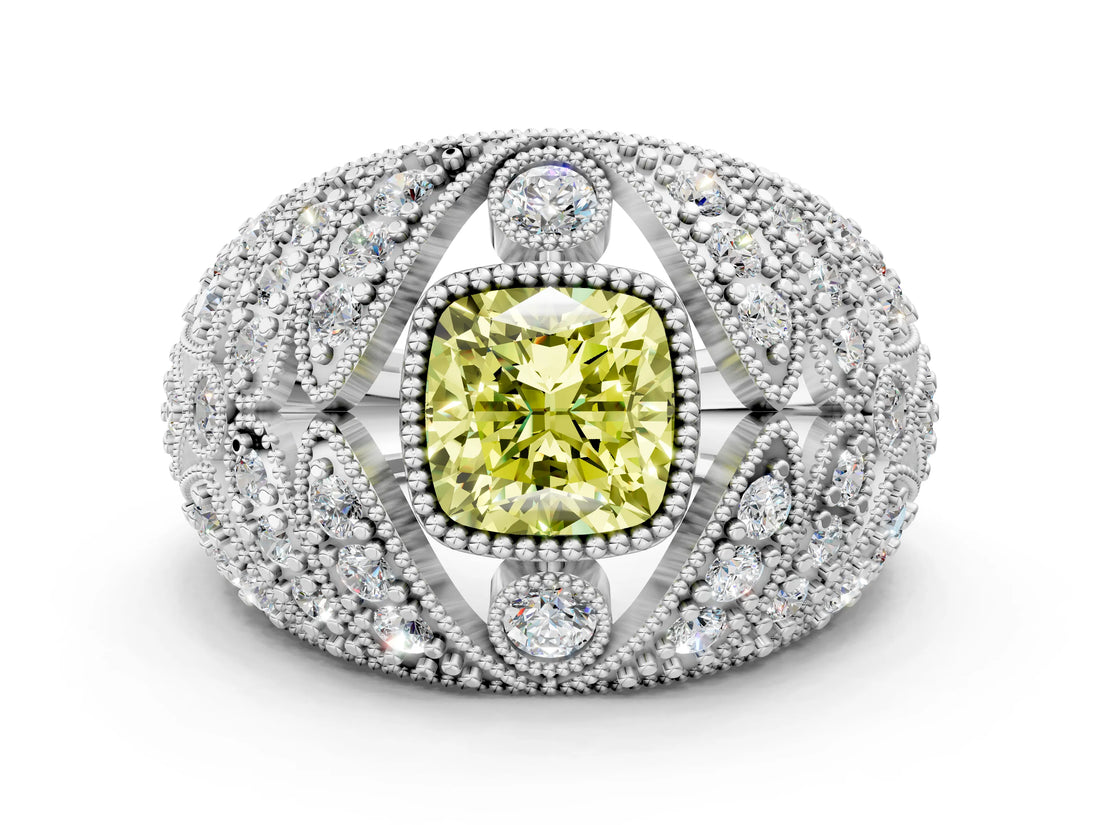 White gold Fancy Yellow Cushion Cut Brilliant Halo Pave Diamond Milgrain Ring