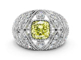 White gold Fancy Yellow Cushion Cut Brilliant Halo Pave Diamond Milgrain Ring