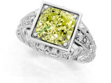 White gold Fancy Yellow Cushion Cut Brilliant Milgrain Filigree Diamond Ring with Square Prong Setting_13