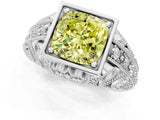 White gold Fancy Yellow Cushion Cut Brilliant Milgrain Filigree Diamond Ring with Square Prong Setting_1