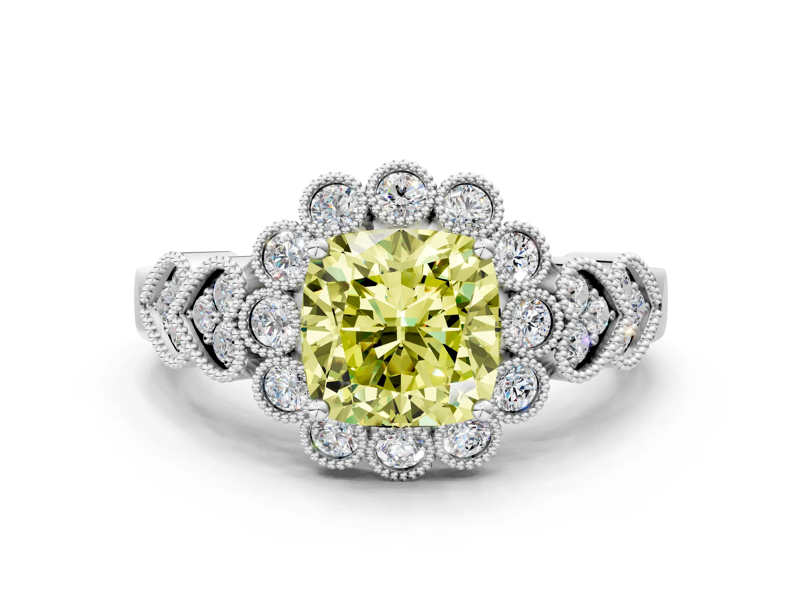 White gold Fancy Yellow Cushion Cut Brilliant Milgrain Pave Heart Band Solitaire Ring_12