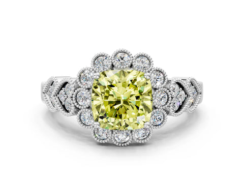 White gold Fancy Yellow Cushion Cut Brilliant Milgrain Pave Heart Band Solitaire Ring_12