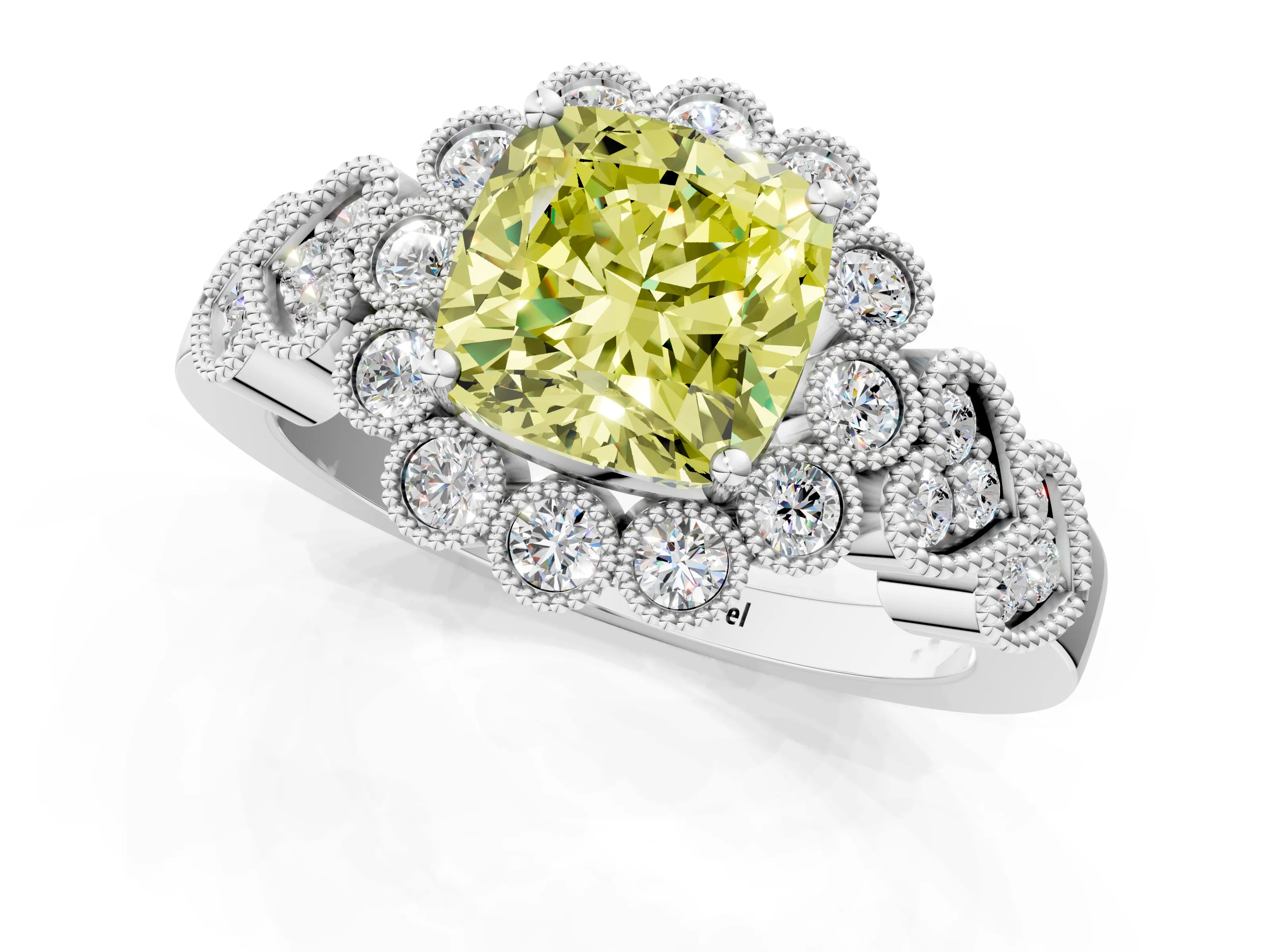 White gold Fancy Yellow Cushion Cut Brilliant Milgrain Pave Heart Band Solitaire Ring_13