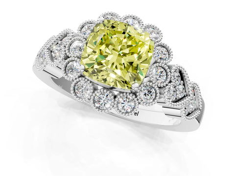 White gold Fancy Yellow Cushion Cut Brilliant Milgrain Pave Heart Band Solitaire Ring_13