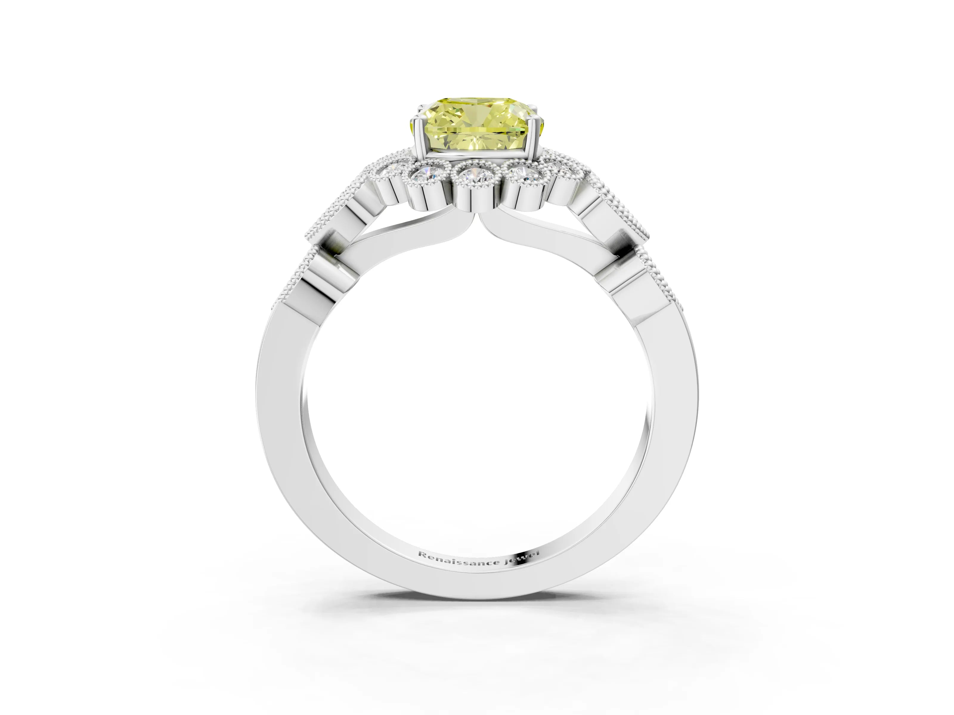 White gold Fancy Yellow Cushion Cut Brilliant Milgrain Pave Heart Band Solitaire Ring_15