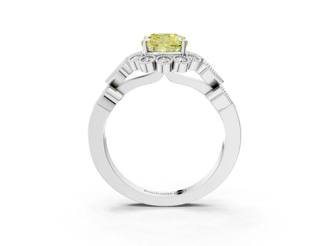 White gold Fancy Yellow Cushion Cut Brilliant Milgrain Pave Heart Band Solitaire Ring_15