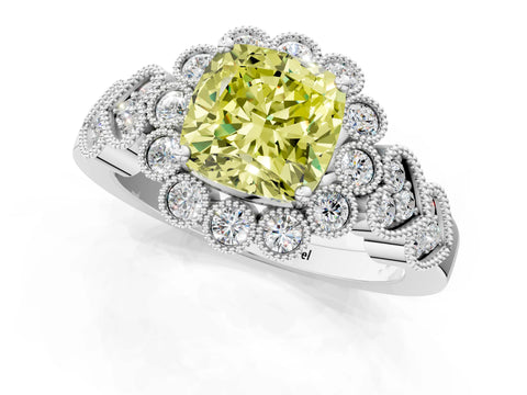 White gold Fancy Yellow Cushion Cut Brilliant Milgrain Pave Heart Band Solitaire Ring_1