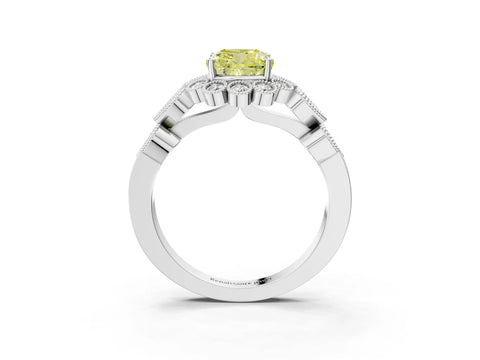 White gold Fancy Yellow Cushion Cut Brilliant Milgrain Pave Heart Band Solitaire Ring_3