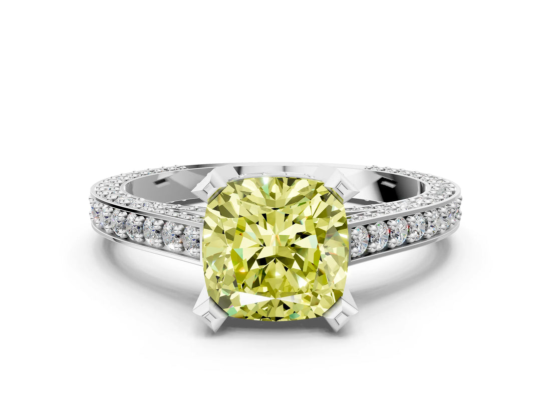 White gold Fancy Yellow Cushion Cut Brilliant Split Shank Pave Solitaire Ring with Four-Prong Setting