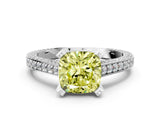 White gold Fancy Yellow Cushion Cut Brilliant Split Shank Pave Solitaire Ring with Four-Prong Setting
