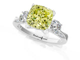 White gold Fancy Yellow Cushion Cut Brilliant Three-Stone Diamond Ring with Pavé Band and Four-Prong Setting_16