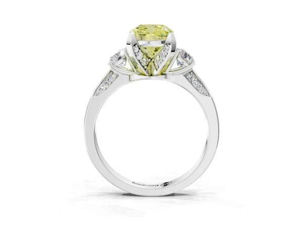 White gold Fancy Yellow Cushion Cut Brilliant Three-Stone Diamond Ring with Pavé Band and Four-Prong Setting