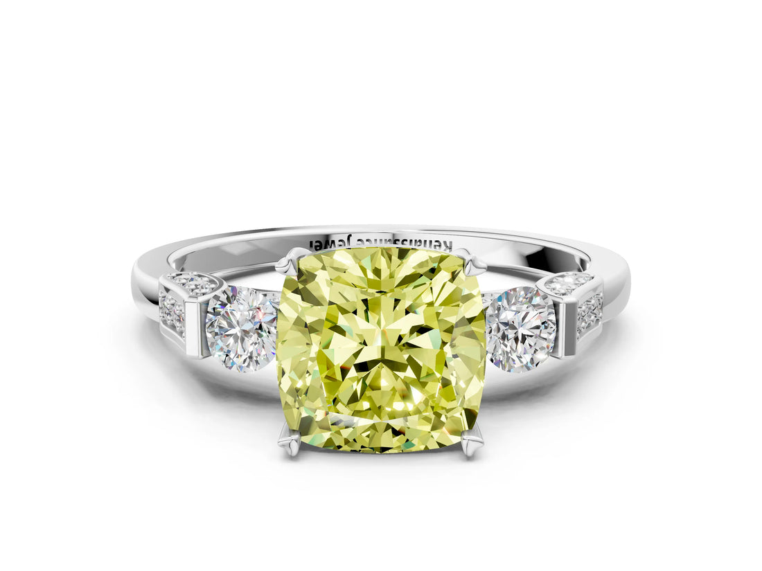 White gold Fancy Yellow Cushion Cut Brilliant Three-Stone Pave Band with Four-Prong Setting