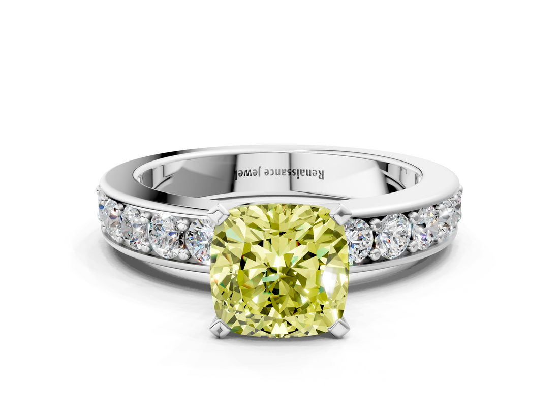 White gold Fancy Yellow Cushion  Cut Channel Set Diamond Engagement Ring with Four-Prong Setting_252
