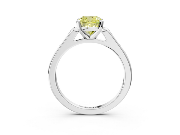 White gold Fancy Yellow Cushion  Cut Channel Set Solitaire Engagement Ring with Four-Prong Setting