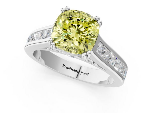 White gold Fancy Yellow Cushion  Cut Channel Set Solitaire Engagement Ring with Prong Setting