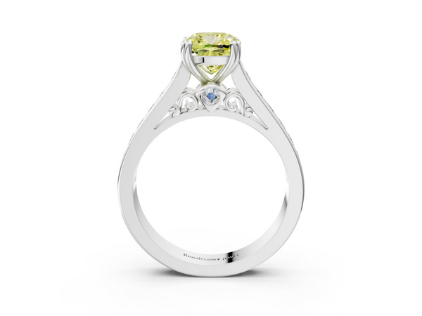 White gold Fancy Yellow Cushion  Cut Channel Set Solitaire Engagement Ring with Prong Setting