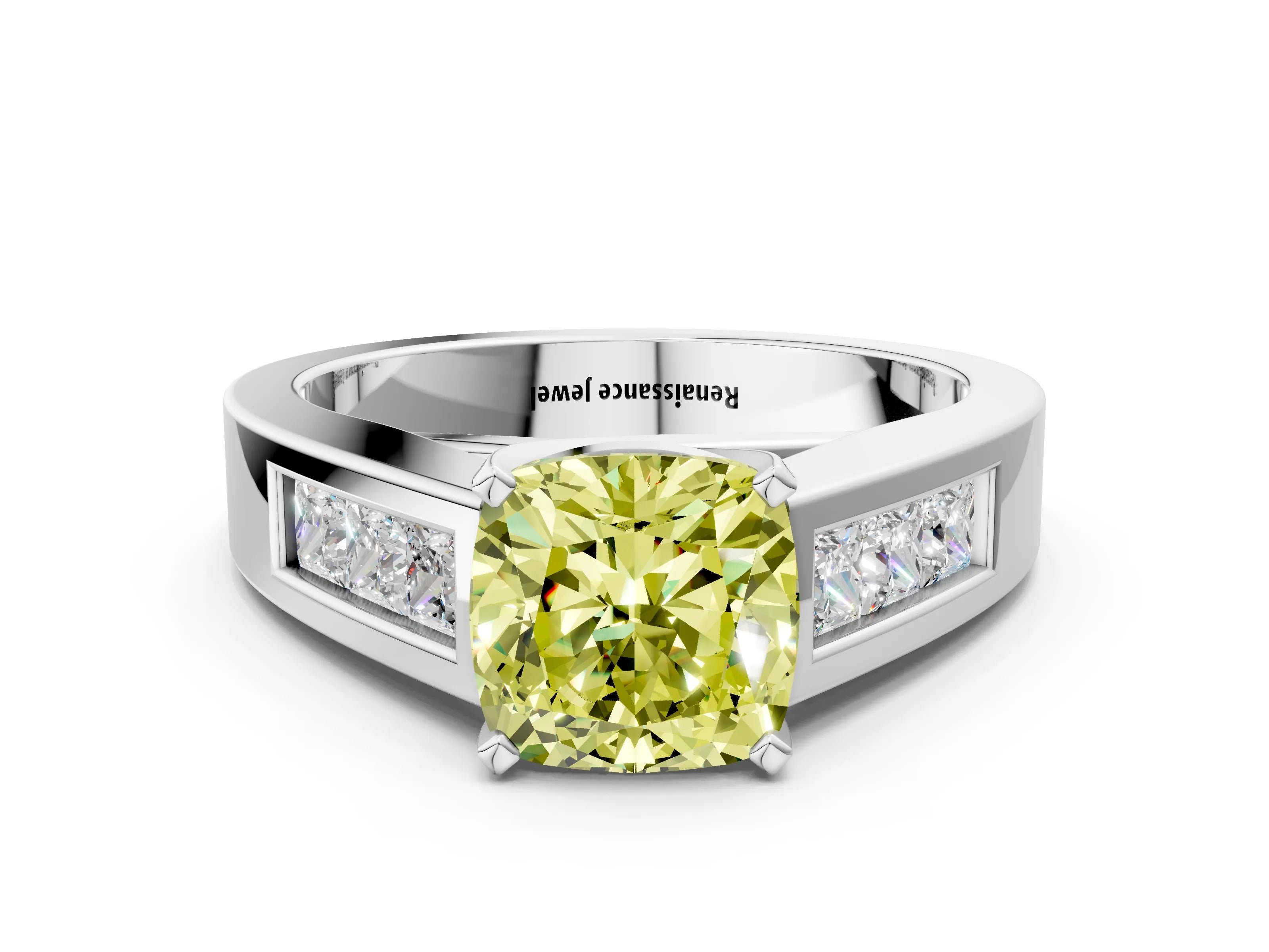 White gold Fancy Yellow Cushion Cut Cut Channel Set Solitaire Ring with Four-Prong Setting_12