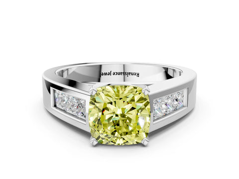 White gold Fancy Yellow Cushion Cut Cut Channel Set Solitaire Ring with Four-Prong Setting_12