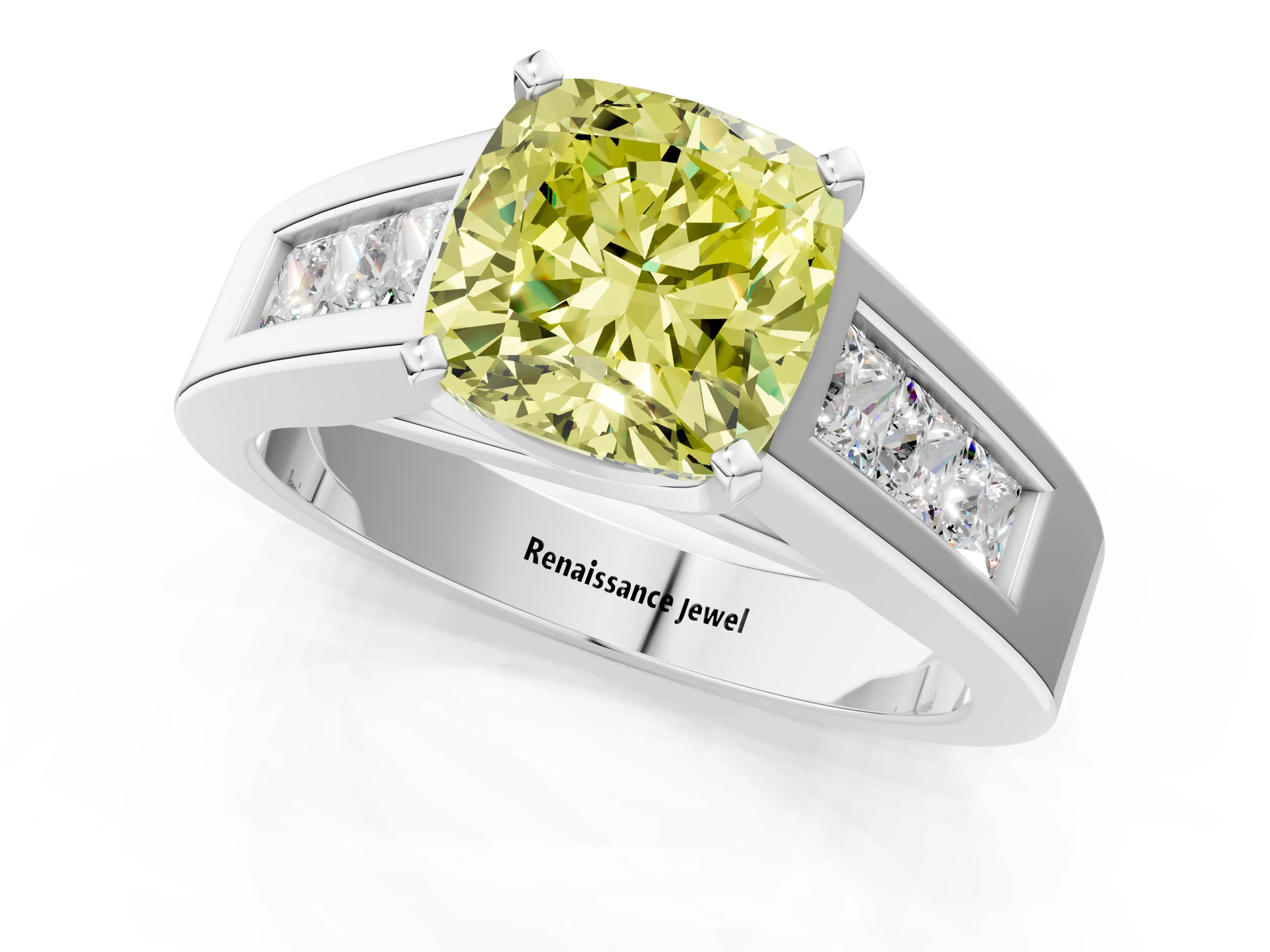 White gold Fancy Yellow Cushion Cut Cut Channel Set Solitaire Ring with Four-Prong Setting_13