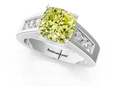 White gold Fancy Yellow Cushion Cut Cut Channel Set Solitaire Ring with Four-Prong Setting_13
