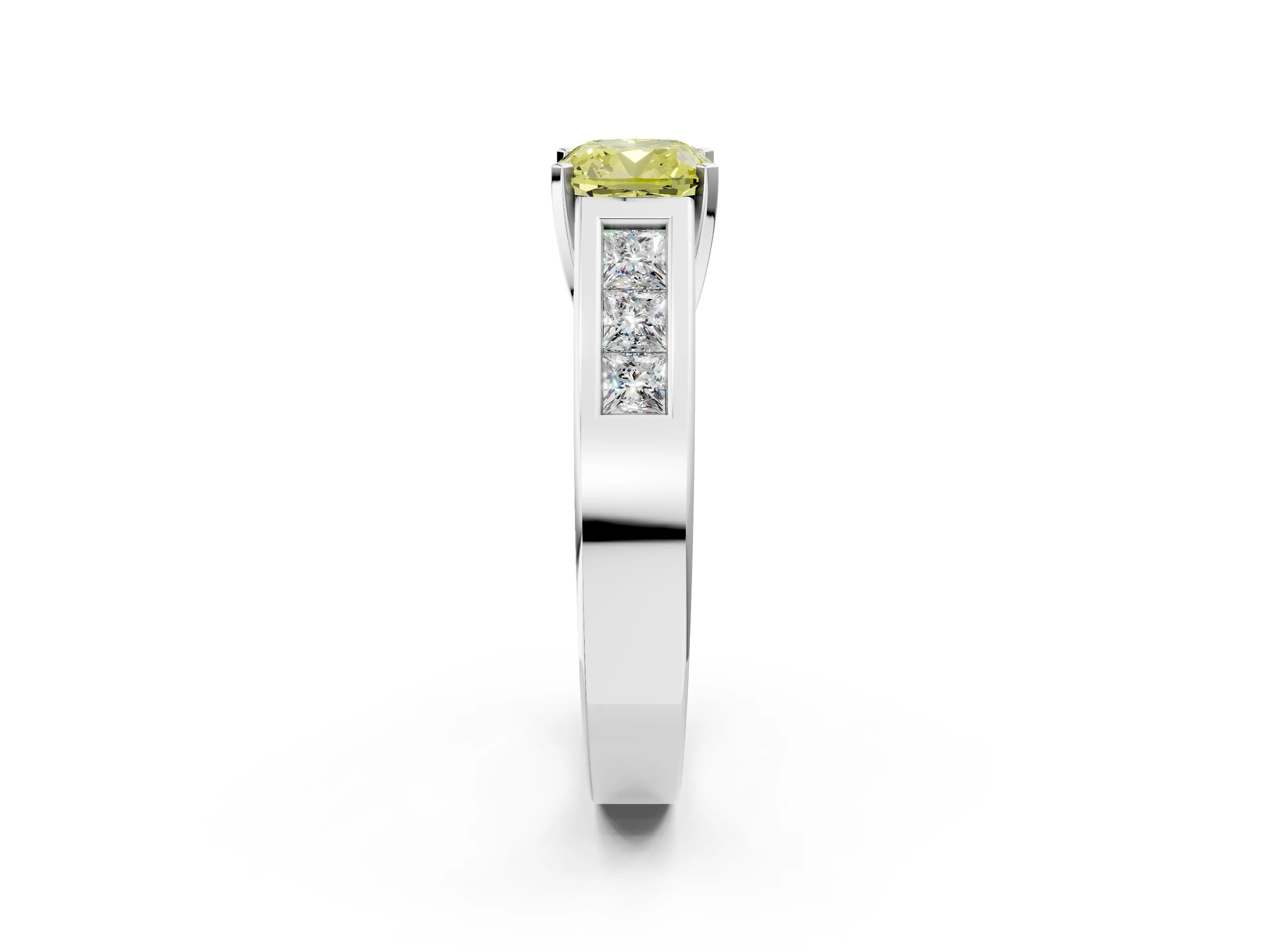 White gold Fancy Yellow Cushion Cut Cut Channel Set Solitaire Ring with Four-Prong Setting_14