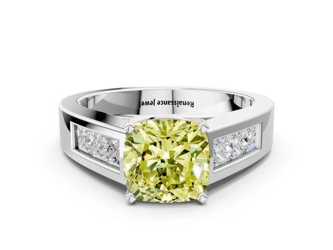 White gold Fancy Yellow Cushion Cut Cut Channel Set Solitaire Ring with Four-Prong Setting