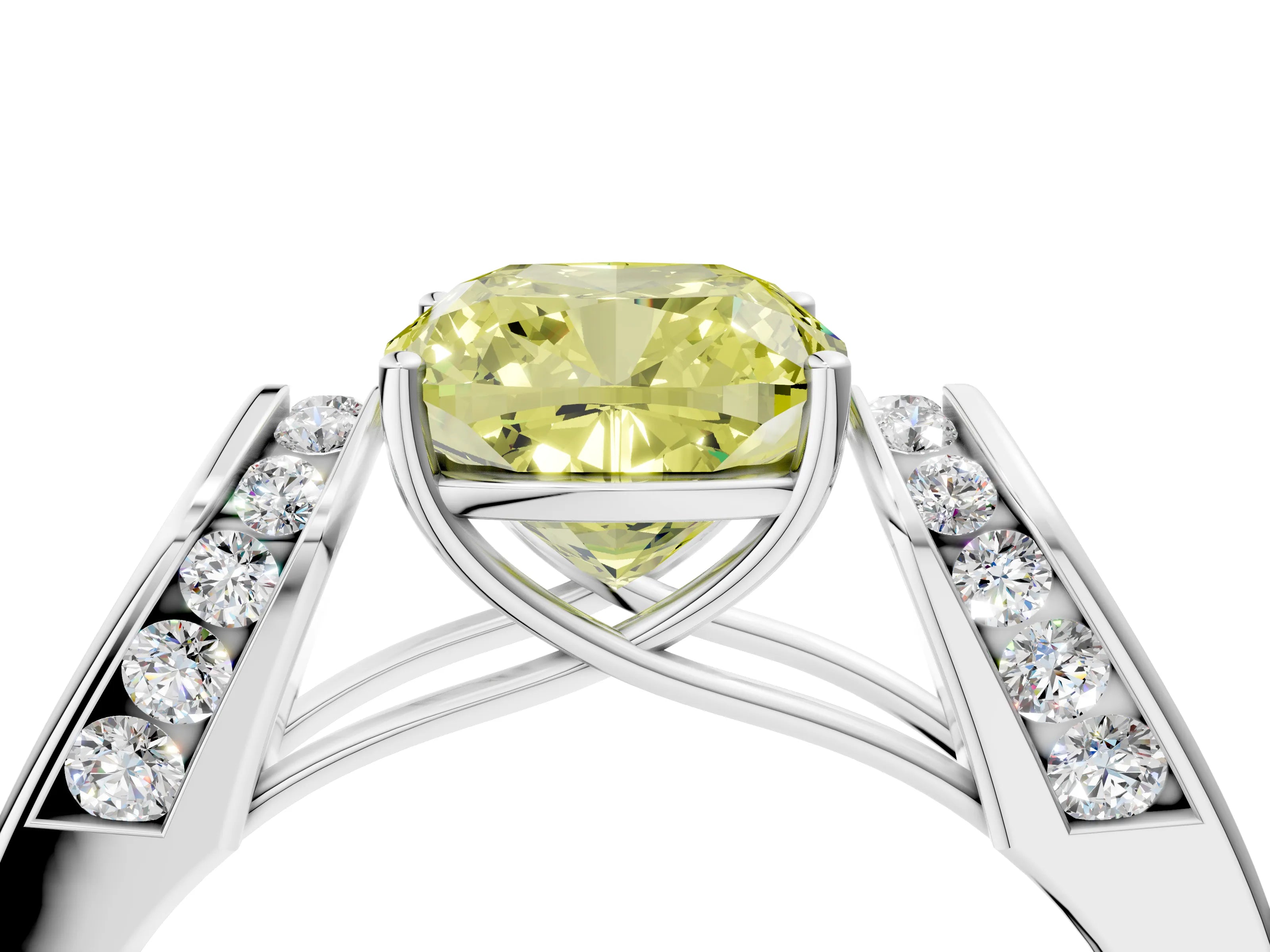 White gold Fancy Yellow Cushion Cut Cut Diamond Channel Set Solitaire Ring with Four-Prong Setting_100