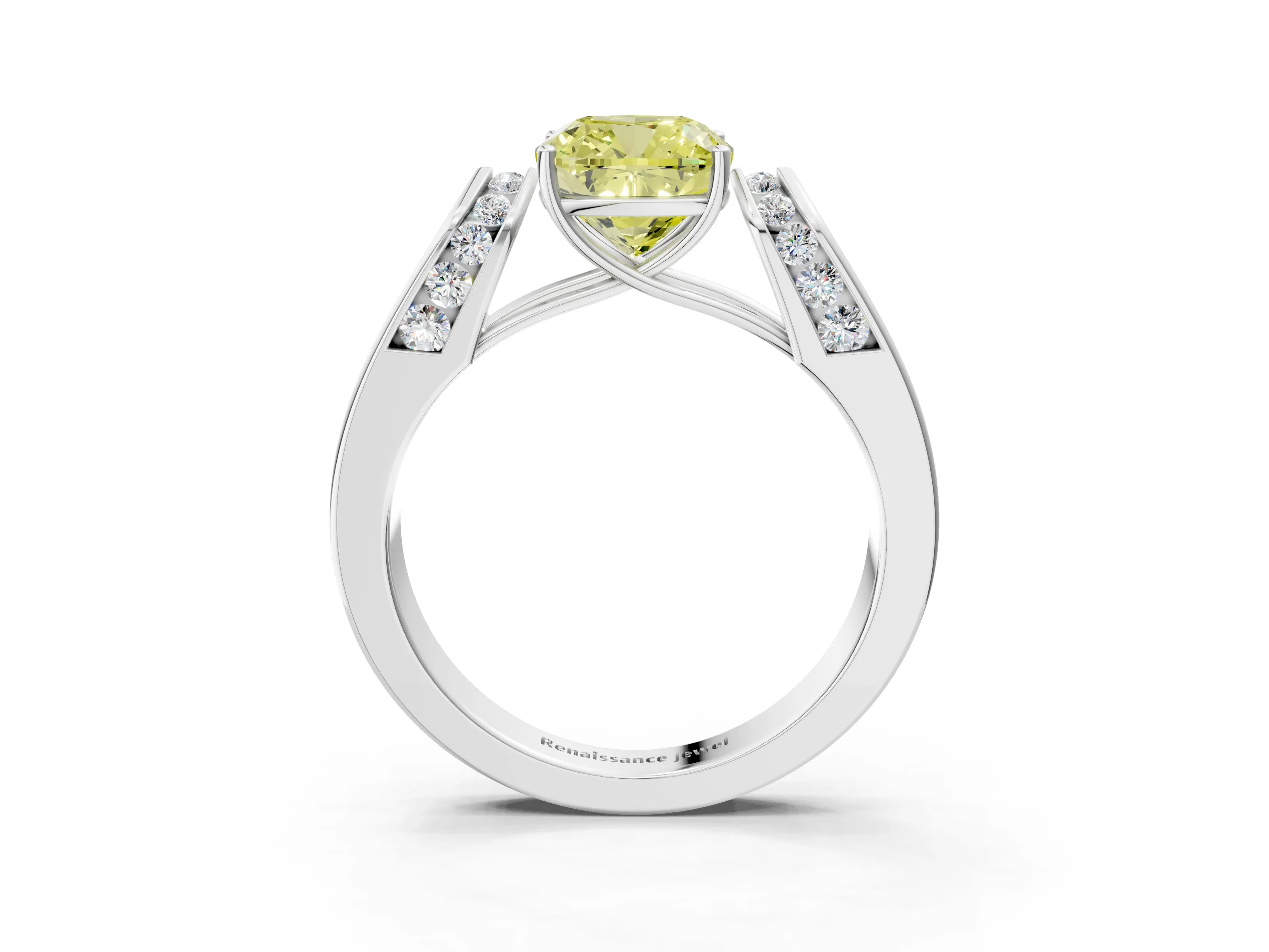 White gold Fancy Yellow Cushion Cut Cut Diamond Channel Set Solitaire Ring with Four-Prong Setting_123