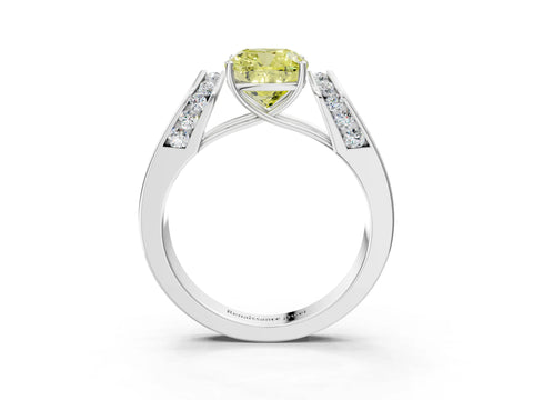 White gold Fancy Yellow Cushion Cut Cut Diamond Channel Set Solitaire Ring with Four-Prong Setting_123