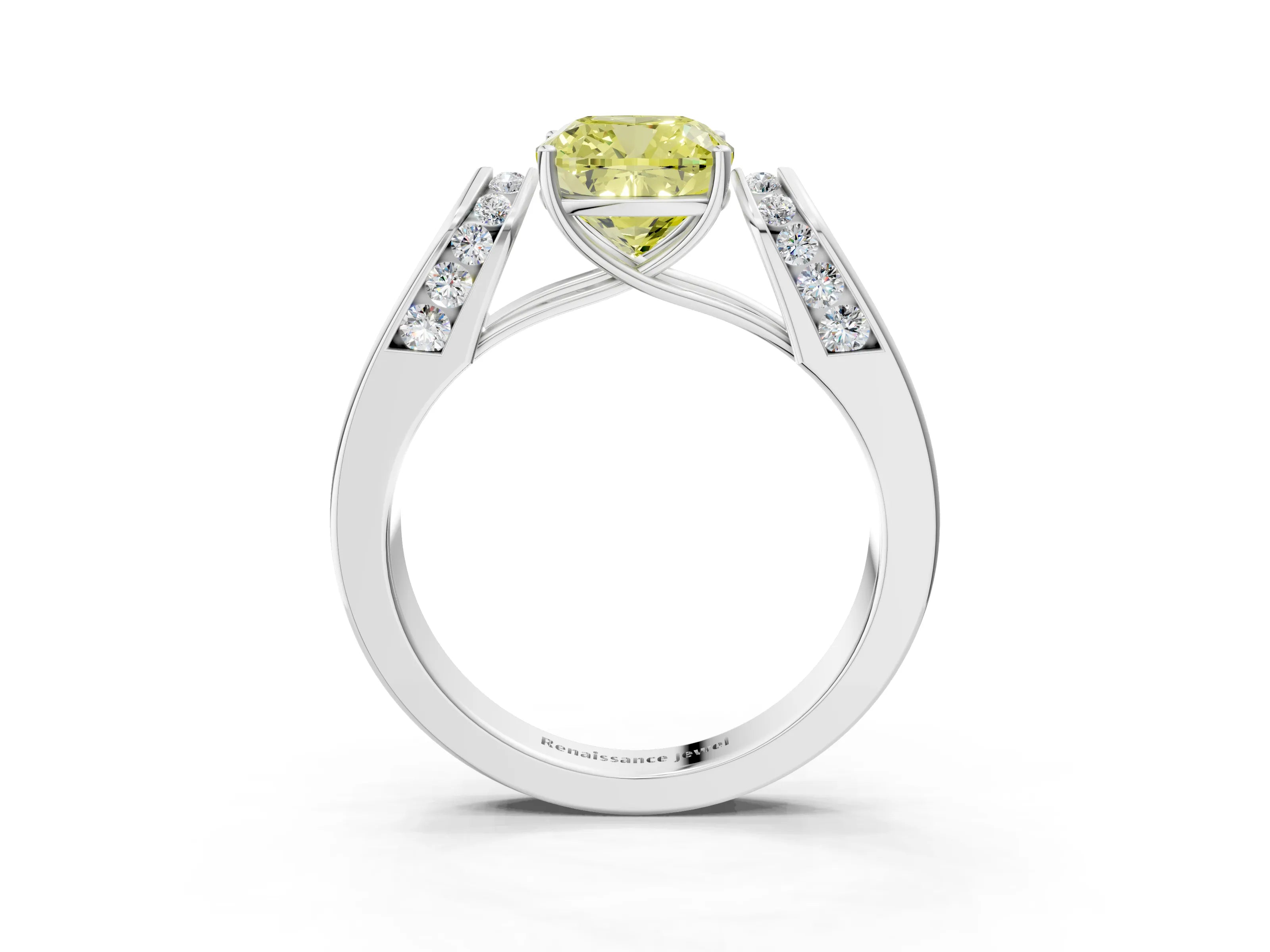 White gold Fancy Yellow Cushion Cut Cut Diamond Channel Set Solitaire Ring with Four-Prong Setting_171