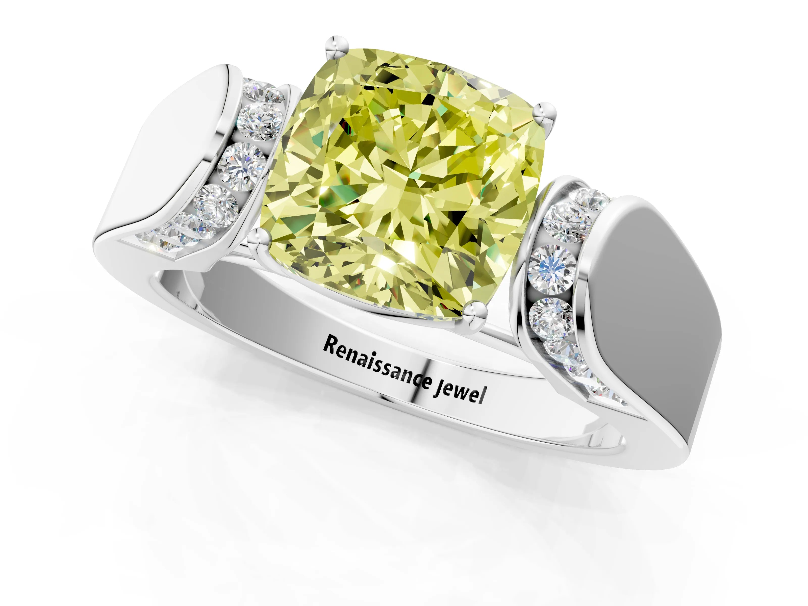 White gold Fancy Yellow Cushion Cut Cut Diamond Channel Set Solitaire Ring with Four-Prong Setting_1
