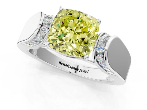 White gold Fancy Yellow Cushion Cut Cut Diamond Channel Set Solitaire Ring with Four-Prong Setting_1