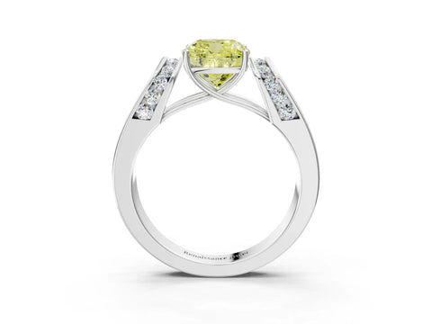 White gold Fancy Yellow Cushion Cut Cut Diamond Channel Set Solitaire Ring with Four-Prong Setting_3