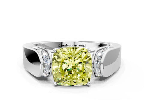 White gold Fancy Yellow Cushion Cut Cut Diamond Channel Set Solitaire Ring with Four-Prong Setting