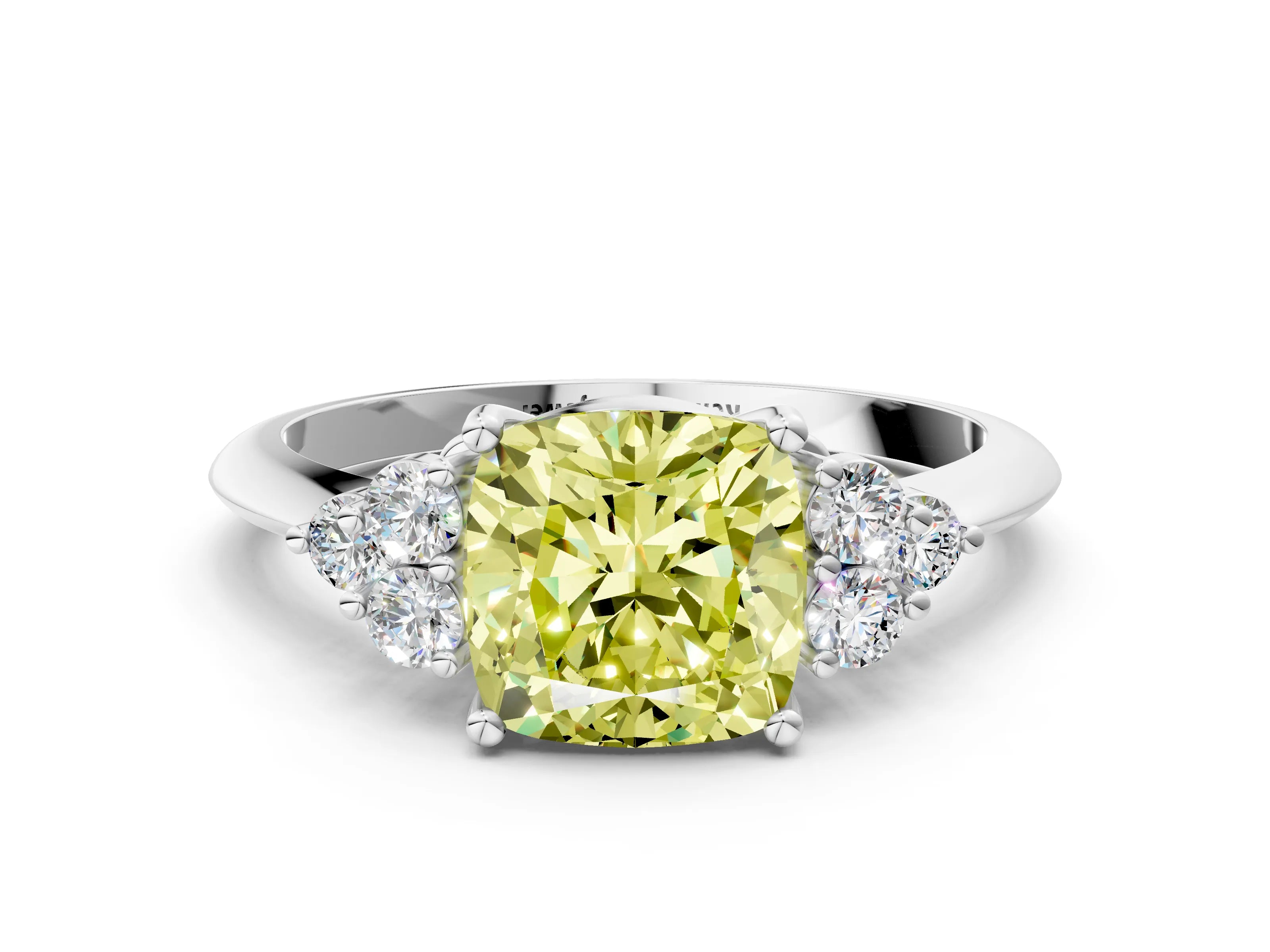 White gold Fancy Yellow Cushion Cut Cut Diamond Cluster Ring with Solitaire Band and Four-Prong Setting