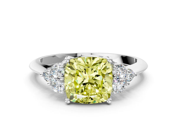 Platinum Fancy Yellow Cushion Cut Cut Diamond Cluster Ring with Solitaire Band and Four-Prong Setting