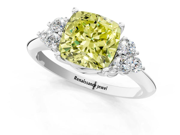 Platinum Fancy Yellow Cushion Cut Cut Diamond Cluster Ring with Solitaire Band and Four-Prong Setting