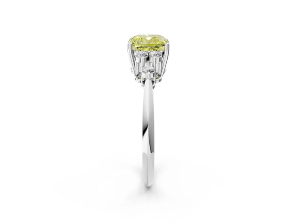 Platinum Fancy Yellow Cushion Cut Cut Diamond Cluster Ring with Solitaire Band and Four-Prong Setting