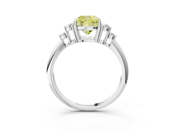 Platinum Fancy Yellow Cushion Cut Cut Diamond Cluster Ring with Solitaire Band and Four-Prong Setting