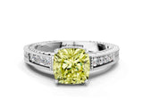 White gold Fancy Yellow Cushion Cut Cut Diamond Milgrain Pave Band Four-Prong Setting Ring_15