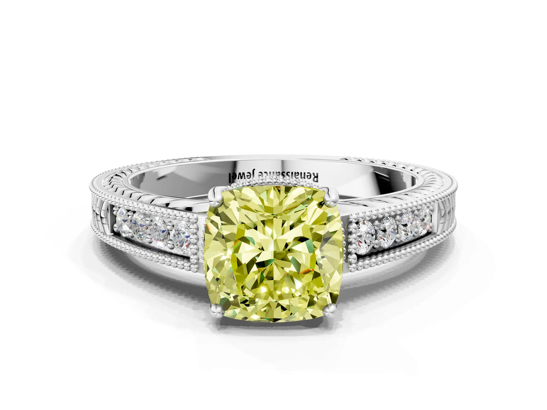 White gold Fancy Yellow Cushion Cut Cut Diamond Milgrain Pave Band Four-Prong Setting Ring_15
