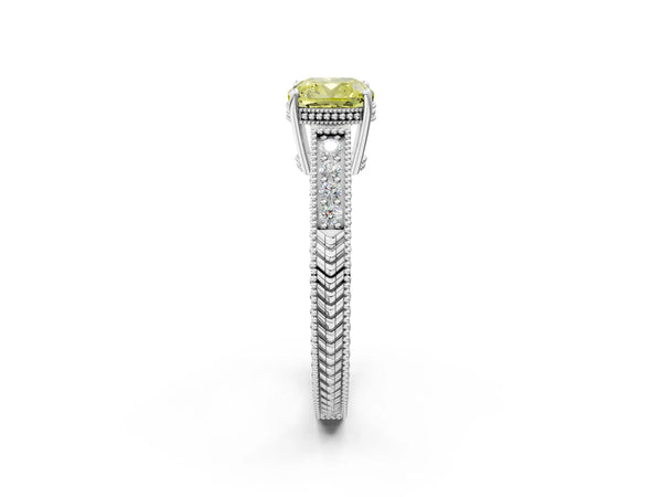 White gold Fancy Yellow Cushion Cut Cut Diamond Milgrain Pave Band Four-Prong Setting Ring
