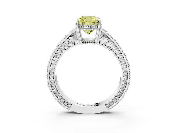 White gold Fancy Yellow Cushion Cut Cut Diamond Milgrain Pave Band Four-Prong Setting Ring