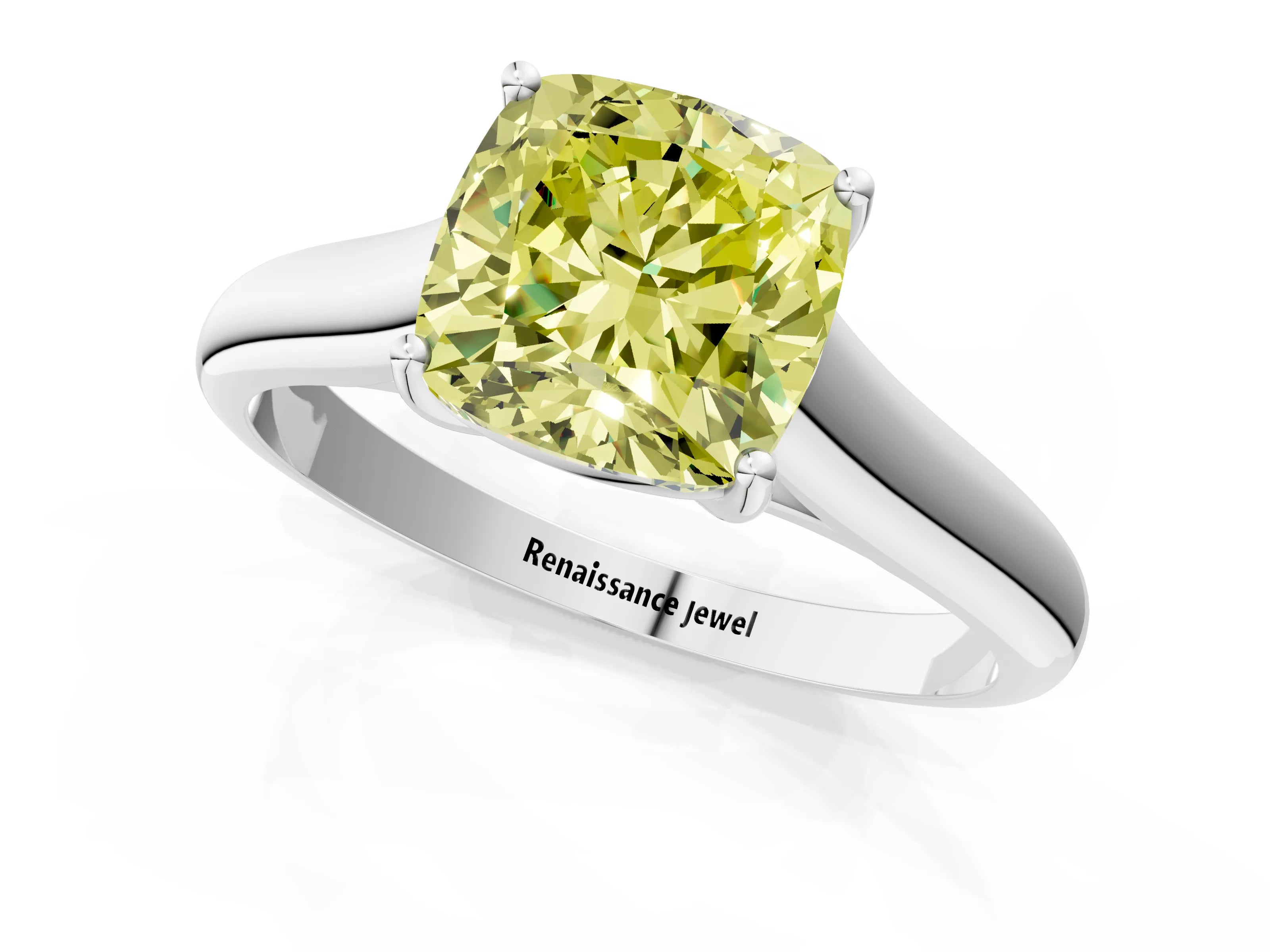 White gold Fancy Yellow Cushion Cut Cut Diamond Solitaire Engagement Ring with Tapered Plain Band and Four-Prong Setting_13