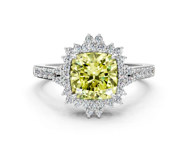 Platinum Fancy Yellow Cushion Cut Cut Diamond Sunburst Halo Engagement Ring with Pavé Band