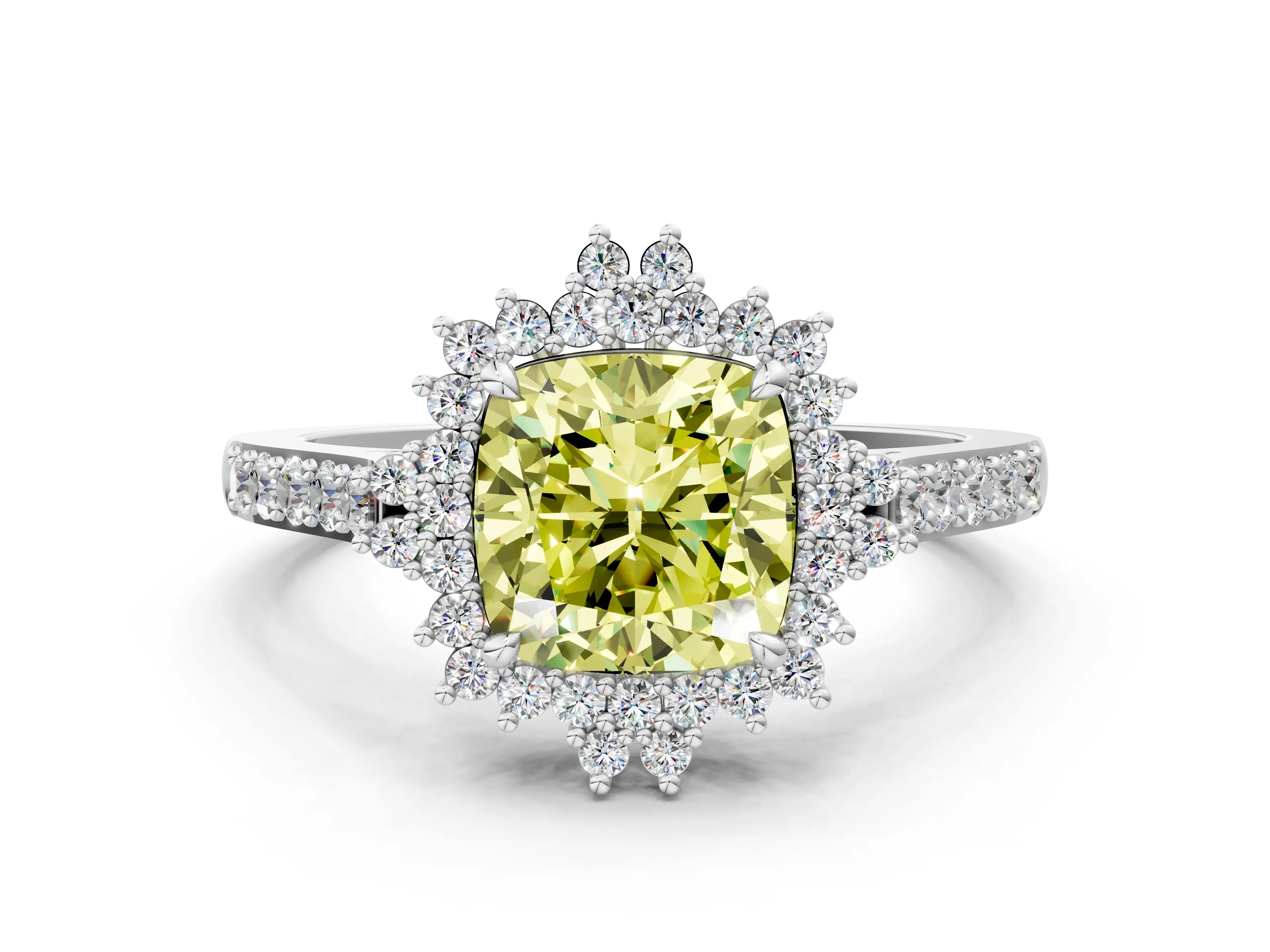 White gold Fancy Yellow Cushion Cut Cut Diamond Sunburst Halo Engagement Ring with Pavé Band_12